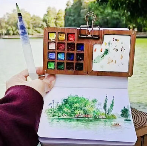 Portable Mini Walnut 8/15 Colors Watercolor Paint Palette Box Sketchbook Set UK - Picture 19 of 21