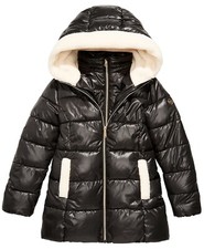 New Michael Kors Big Girls Faux-Fur-Trim Hooded Shiny Puffer Jacket Coat