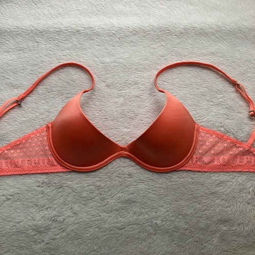 Victoria’s Secret PINK Scoopneck Bra Push Up Coral Logo Lace 32B - Picture 3 of 13