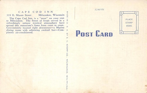 CAPE COD INN Milwaukee, WI Seafood Restaurant Roadside c1940s Vintage Postcard - Picture 2 of 2