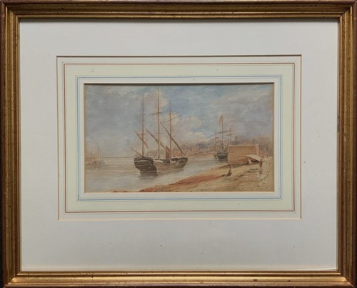 FINA PINTURA ACUARELA DE PRINCIPIOS DEL SIGLO 20 y barcos de galeón amarrados paisaje marino - Imagen 2 de 9