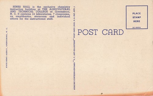 NC A&T State University Hines Hall Greensboro Vintage Leinen Postkarte - Bild 2 von 2