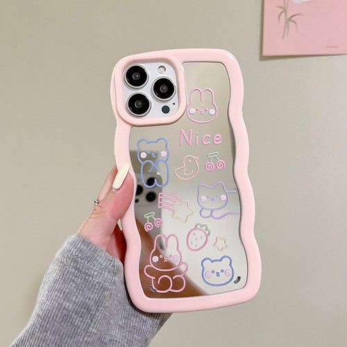 Cute Animals Mirror Pink Wave Edge Phone case for iPhone 11 12 13 14 Pro 6 7 8 - Picture 4 of 13