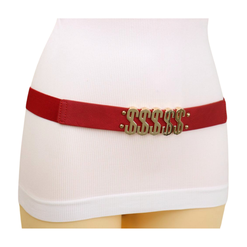 Women Red Elastic Skinny Waistband Belt Gold Dollar Sign $$$ Adjustable Size S M - Picture 18 of 24