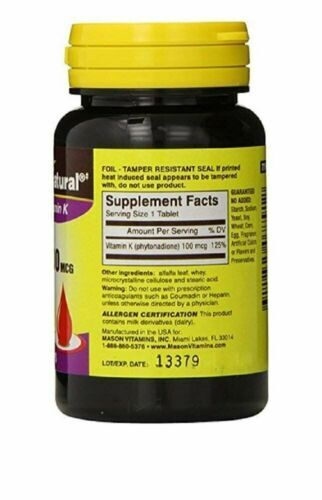 Mason Natural Vitamin K 100mcg Tablets For Proper Blood Clotting 100 Each 6 Pack - Picture 3 of 3
