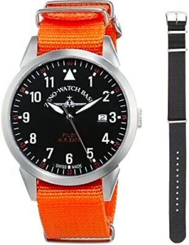 Zeno Watch Basel Pilot Aviator Fliegeruhr Black Orange Nylon Swiss Made Men's