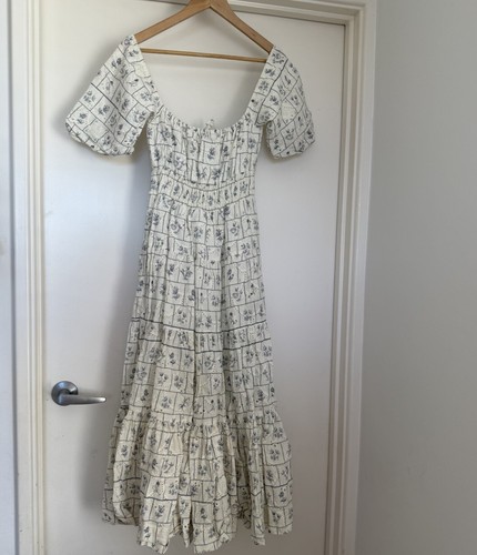 Palm Noosa Dress AU 10/US 6 Maxi White Blue Floral Tile Linen Broderie Anglaise - Picture 16 of 23