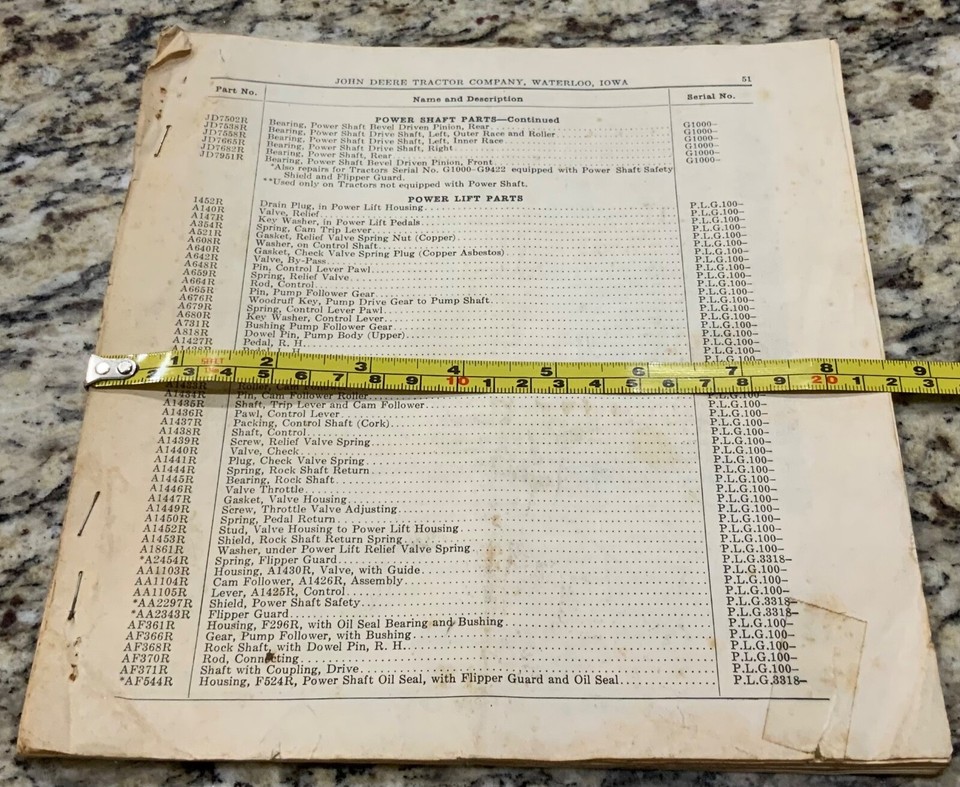 John Deere Instructions Book Parts List General Tractor Model "G" No