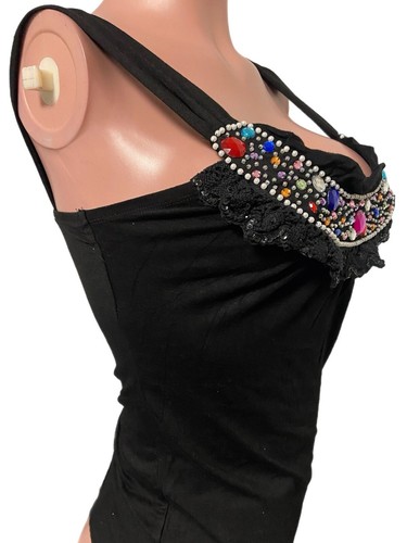 Y2K 2000 Oh Yes Black Beaded Stones Ruffled Tank Top NWTS Glam Festival Party M - Picture 2 of 3