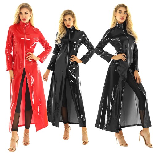 Women Men Shiny PVC Leather Long Trench Coat Jacket Zipper Front Cosplay Costume