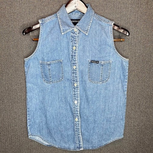 Mountain Lake Shirt Women's Small Blue Denim Vintage 90s Sleeveless Button Up - 第 1/8 張圖片
