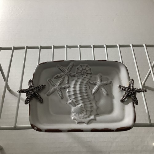 Mudpie Seepferdchen Seifenschale handgefertigt silber Seesterne & antik weiß mit braun 6 Zoll - Bild 20 von 24