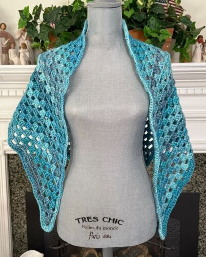 Handmade Crochet Granny Triangle Shawl Wrap Scarf Cotton Acrylic Blue 58" x 25" - Picture 2 of 3