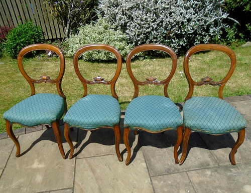 NEED WORK Set 4 Antique Mahogany Upholstered Balloon Back Kitchen Dining Chairs - Picture 2 of 21