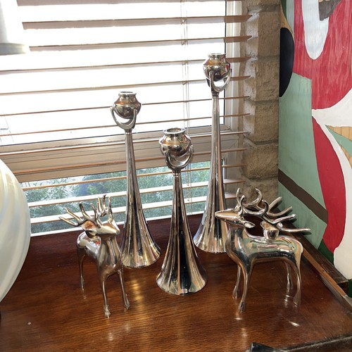 Candlesticks Set Of 3 silver plate Modern Trumpets 11" 13" 15" - Picture 1 of 5