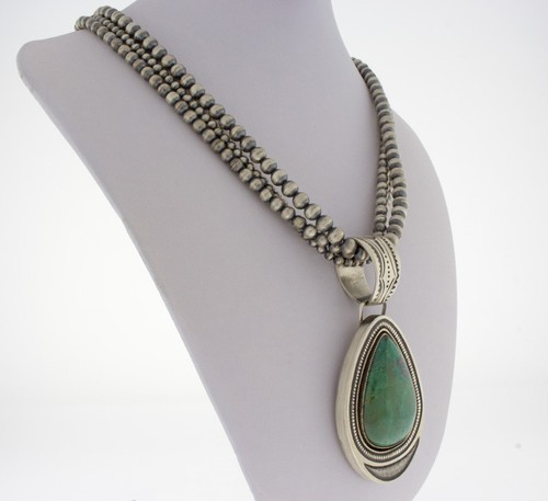Triple-Strand Sterling Silver Bead Necklace With Natural Chrysocolla Pendant - Picture 2 of 6