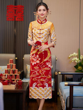 Red Gold Traditional Chinese wedding Bridal Phoenix Cheongsam Qipao Dress