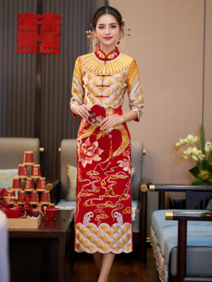 Red Gold Traditional Chinese wedding Bridal Phoenix Cheongsam Qipao Dress |  eBay