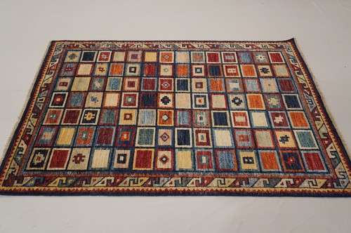 4 x 6 ft Navy Blue Check Gabbeh Tribal Afghan Hand Knotted Wool Rug - Picture 3 of 18