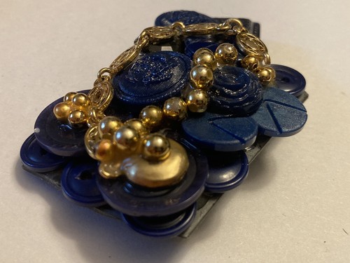 Vintage Blue Gold Tone Mixed Media Handmade Art Button Brooch Pin - Picture 3 of 7