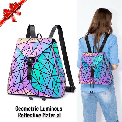 Holographic Geometric Luminous Backpack Reflective Fashion Bag Girl Women Gift eBay