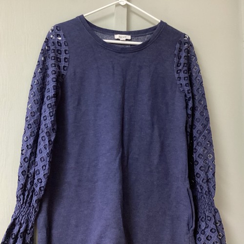 Kensie Ladies Sweat Dress Size Small Blue Eyelet Sleeve Crewneck Mini Knee - Picture 2 of 18