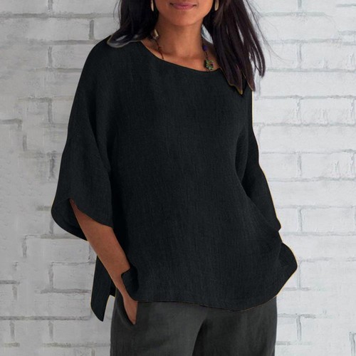 Linen Shirts for Women, Casual 3/4 Sleeve Solid Color Loose Crew Neck Tunic Tops - Picture 22 of 45