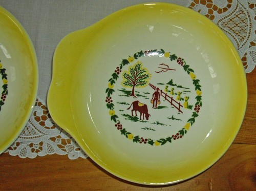 Vintage Salem Grant Crest COUNTRY CHARM Yellow 6 1/2" Lug Handle Bowls ~Setof4 - Picture 3 of 19