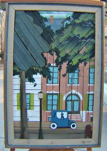 Vintage-Wood-Lathe-Art-Theodore-DeGroot-City-Townhouse-Scene-Framed