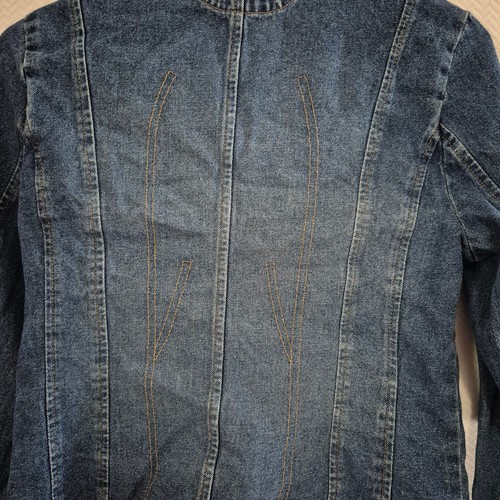 Chaqueta vaquera vintage años 90 Rave bordada rosa talla mediana ajustada Y2K genial - Imagen 8 de 10