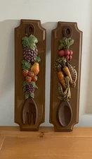 Vintage 1970s Wall Plaque Set – Rustic Kitchen Fork & Spoon with Fruit & Vegies