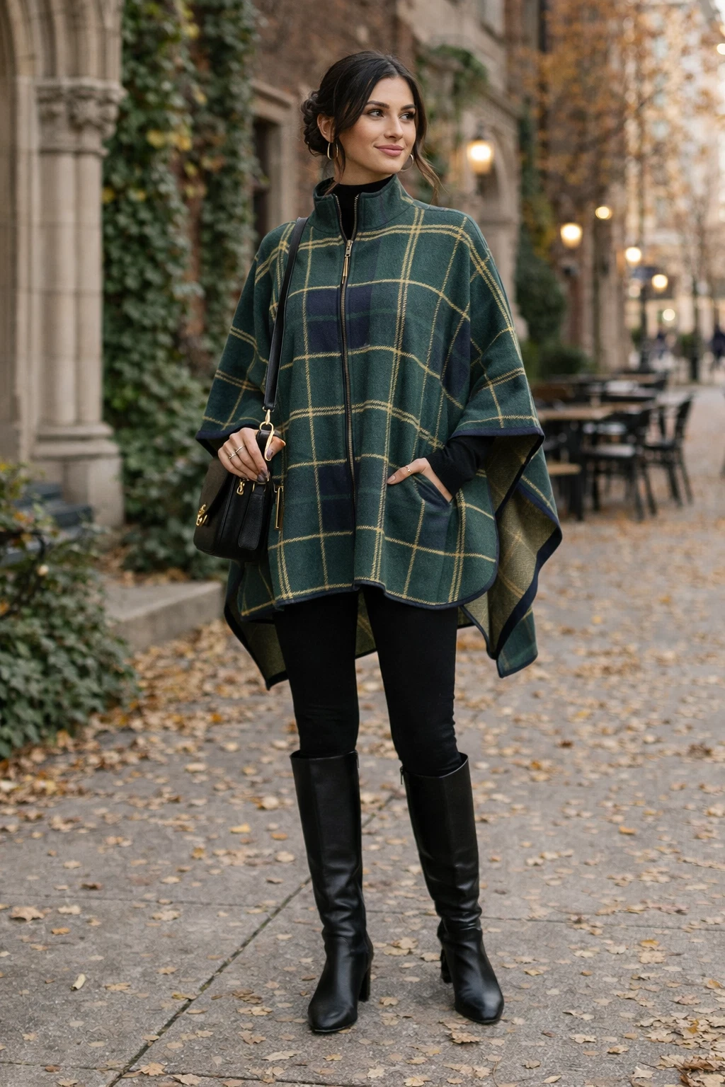 Nicole Miller Plaid Poncho Cape NWT Women L/XL Green Zip Front Preppy Coat