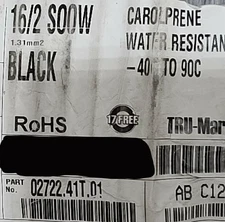 Carol 02722 16/2C Carolprene SOOW 600V 90C Portable Power Cable Cord Black /25ft