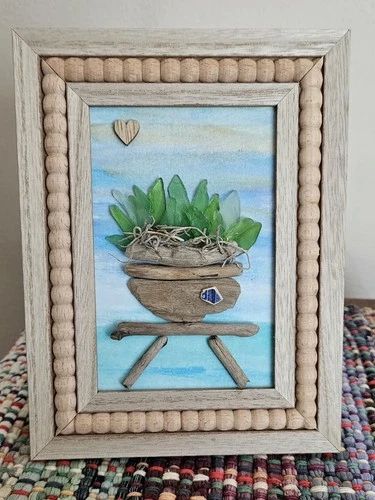 Handmade Lake Erie Beach GREEN GLASS PLANT in DRIFTWOOD Planter WATERCOLOR 5x7