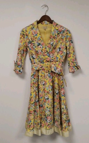 Womens Lindy Bop 1950's Style Yellow Floral Dress Classic Bow Collar Size UK 12 - Picture 16 of 22
