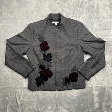 Dressbarn Blazer Women Gray Floral Rose Embroidered Herringbone Jacket Size 14