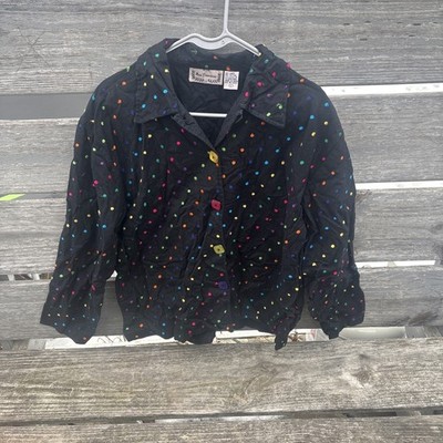 Vintage Funky New Direction Colorful Black Demin Jacket With Embroidered Dots L