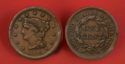 1855 Braided Hair Cent Upright 55 Mint Error Straight Clip ANACS XF45