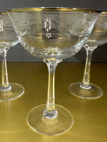Set of 3 Vintage Etched Crystal Champagne Coupes w/ Silver Rim – 5.5″ Tall,... - Picture 3 of 11