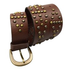 Studded Leather Belt Caramel Brown 1.5" Wide Gold  Bronze Bubble Studs Womens M