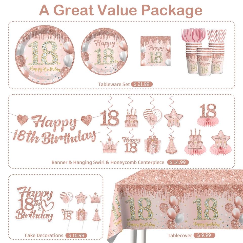 193 шт. розовое золото 18-й день рождения украшения для девочек с набором посуды, баннер... - Изображение 3 из 4