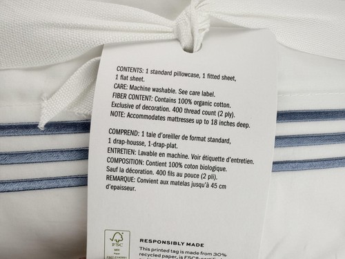 Pottery Barn QUEEN Sheet Set Organic Percale CHAMBRAY BLUE Embroidered 400 TC - Picture 4 of 6