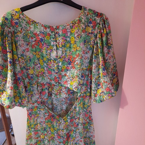 Topshop Ditsy Floral Puff Sleeve Frill Open back Mini Dress Size 14 - Picture 6 of 6