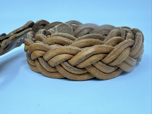 Braided Soft Leather Waist Belt Size L Tan Brown Brass Buckle Hand Made Mexico - Picture 2 of 6