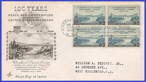 USA3 # 961 ADDR ARTCRAFT FDC BL4  U.S.-Canada Friendship