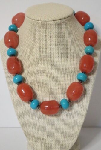 Beautiful CHUNKY Large Turquoise Beads Blue Orange Rare Vintage Womens Necklace - Picture 4 of 10
