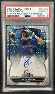 2023 Bowman Chrome Draft 1st Bowman Cole Carrigg On-Card Auto Sparkle /71 PSA 10
