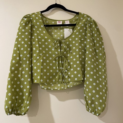 Levi's® puff sleeve Floral Cropped Top blouse Pear Electric Green S Taylor - Picture 2 of 8