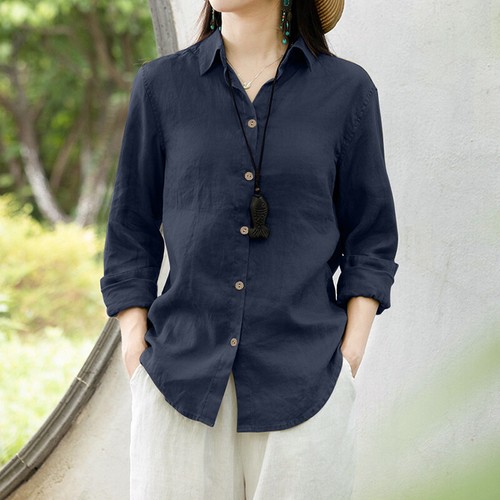 Damen Baumwolle Langarm T-Shirt Damen lässig lose Bluse Button Down Tops Tee - Bild 12 von 17