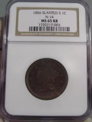 RARE BU GEM 1856 Slanted "5" Large Cent NGC MS65 RB N-14 Variety.  